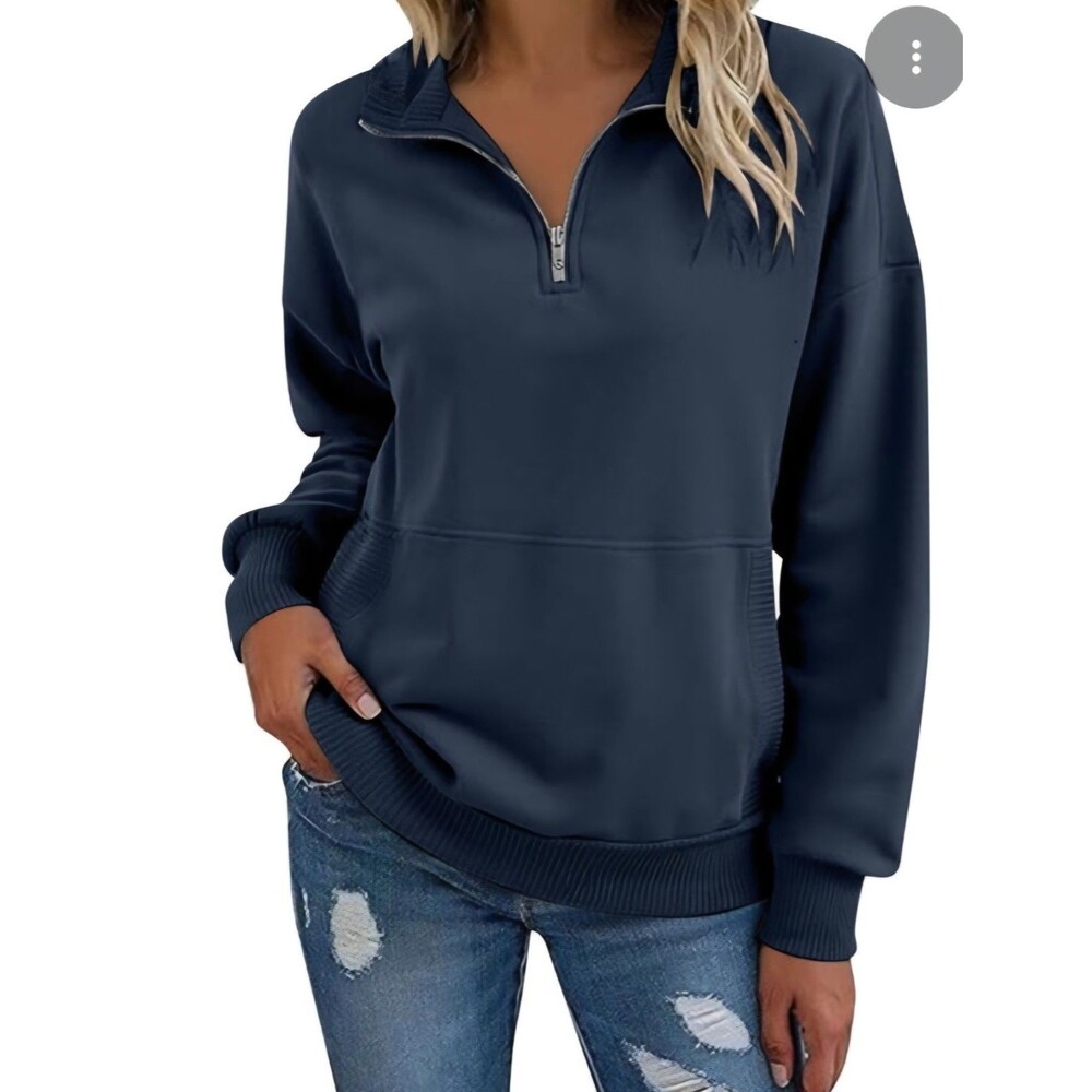Fat Face Sweatshirt Navy Size Large Quarter Zip, Rib Detail Women's GUC